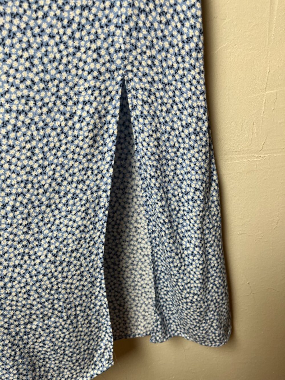 Y2k Blue and White Ditsy Floral Midi Skirt with Side Slit, Cottagecore - Picture 2 of 4